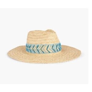 Talbots Embroidered Raffia Straw Hat Turqoise Adjustable NWT